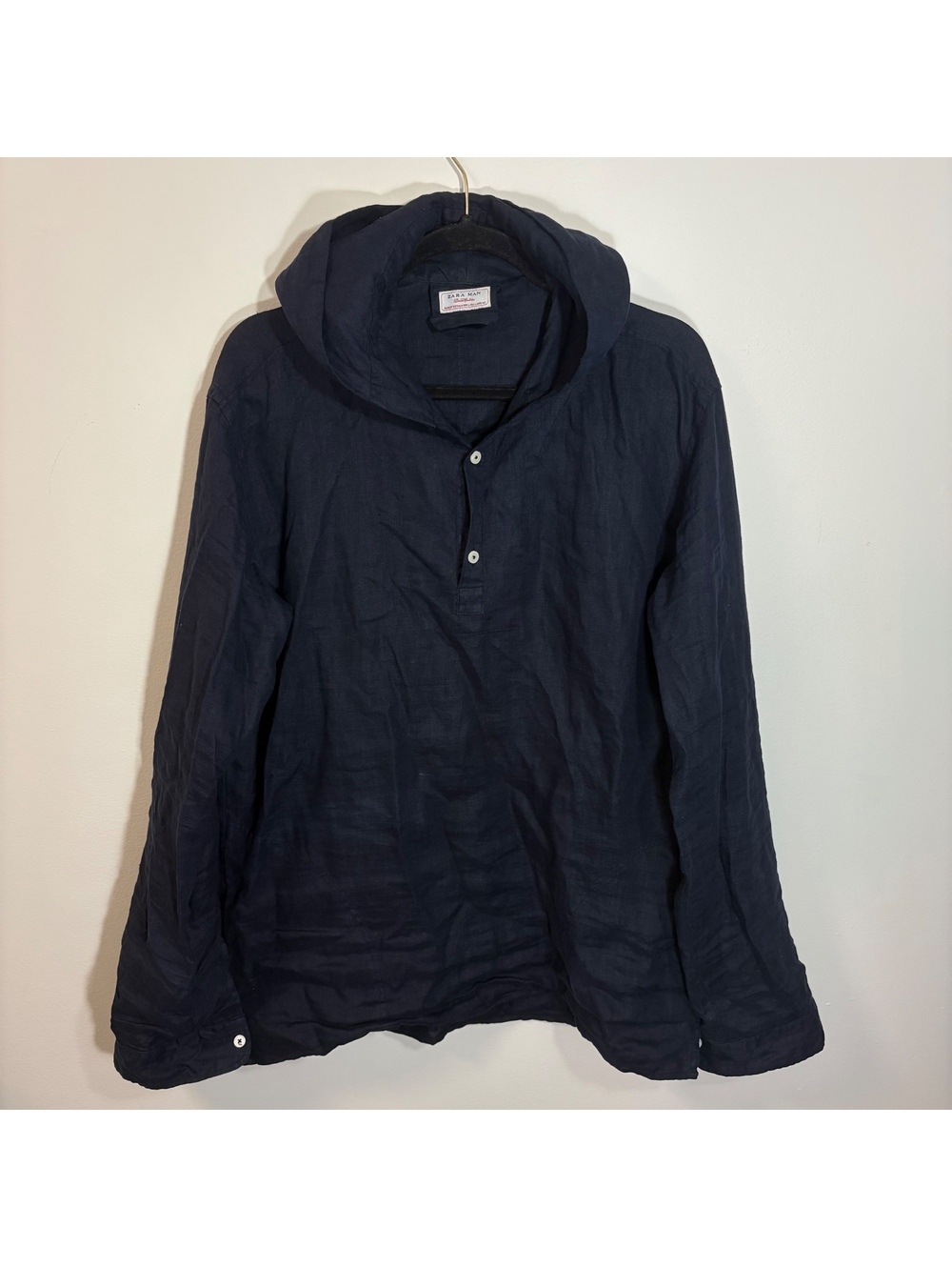 Zara Man Demin Couture Black 100% Linen Hooded Henley Long Sleeve Size Large 42